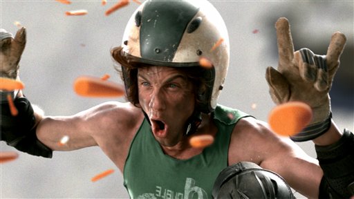 This undated image released by Crispin Porter + Bogusky on Wednesday, Sept. 1, 2010, shows "Extreme Baby Carrot Dude" catches air in his rocket-powered grocery kart as baby carrots are fired at him with a baby carrot launcher. (AP Photo/Crispin Porter + Bogusky) MANDATORY CREDIT. NO SALES. (AP)