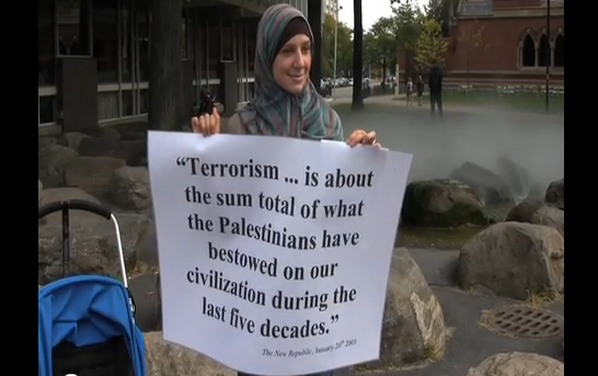 A woman at the protest targeting New Republic editor-in-chief Marty Peretz.