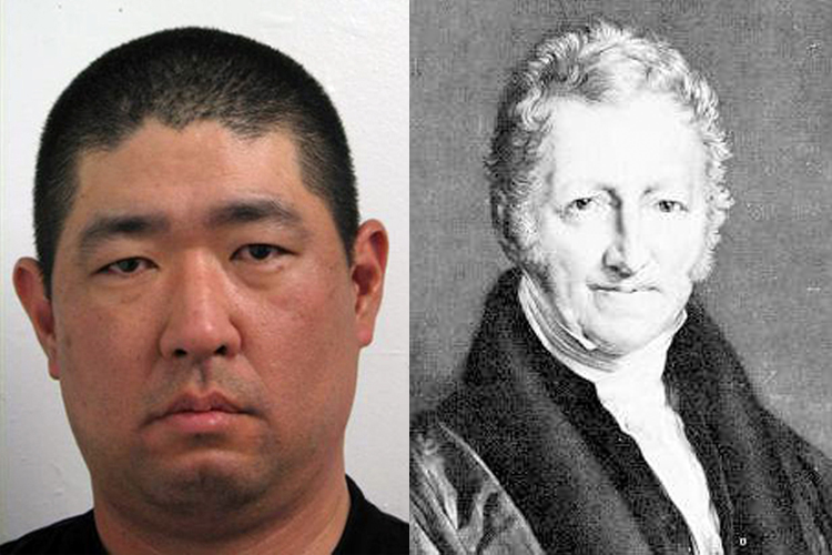 James J. Lee in a 2008 booking photo and Thomas Malthus
