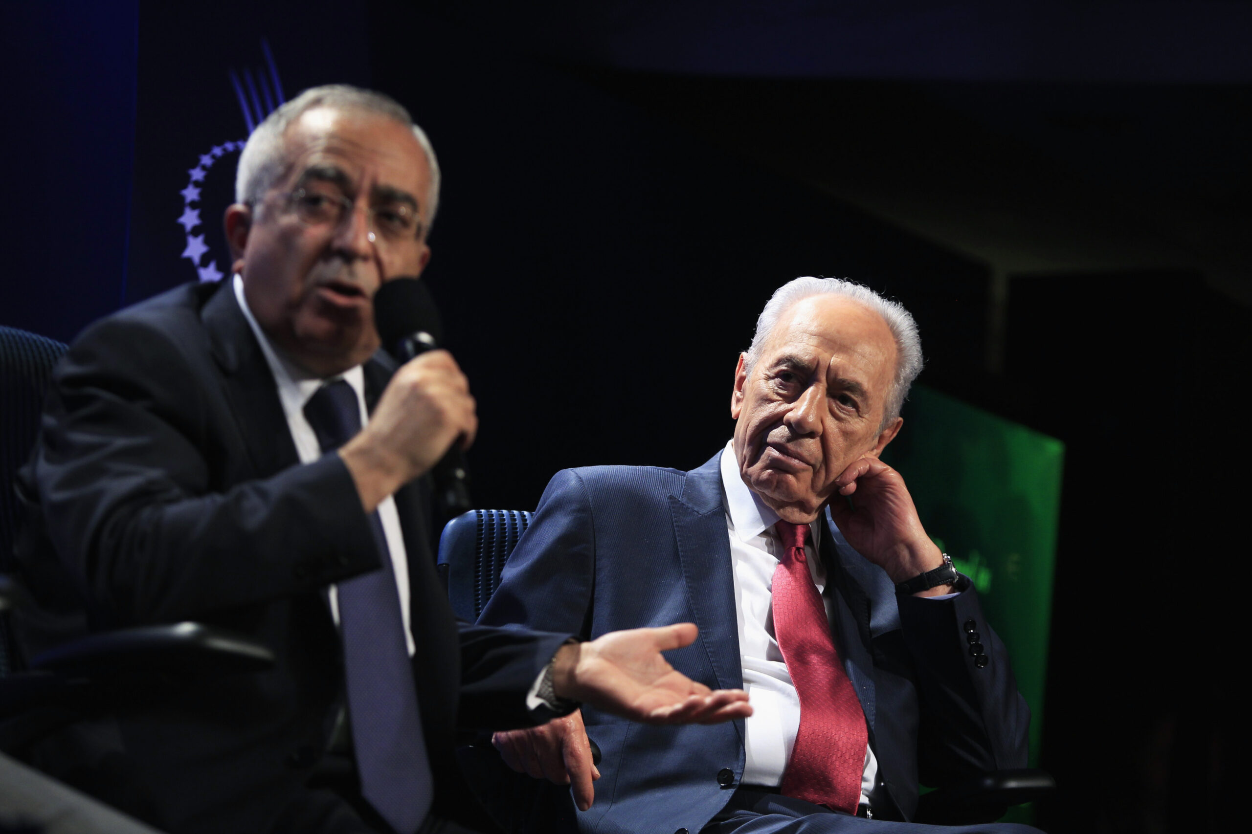 Israeli President Shimon Peres (R) listens to Palestinian Prime Minister Salam Fayyad during a special session addressing peace in the Middle East at the Clinton Global Initiative in New York September 21, 2010.  REUTERS/Lucas Jackson (UNITED STATES - Tags: POLITICS BUSINESS IMAGES OF THE DAY) (Reuters)