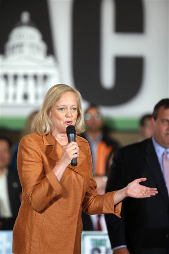 Meg Whitman, Republican nominee for Governor, holds a campaign event with New Jersey Governor Chris Christie, right, on Wednesday, Sept. 22, 2010, in Los Angeles. (AP Photo/Damian Dovarganes) (AP)
