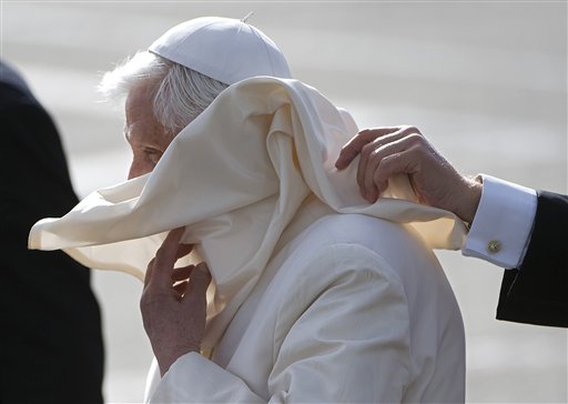 Pope Benedict XVI arrives at Edinburgh airport in Scotland, Thursday Sept. 16, 2010. Pope Benedict XVI arrives in the United Kingdom on Thursday for a four-day visit, a controversial yet historic state trip that has been overshadowed by the sex abuse scandals which have shaken confidence in the Roman Catholic Church.   (AP Photo/Derek Blair, Pool) (AP)