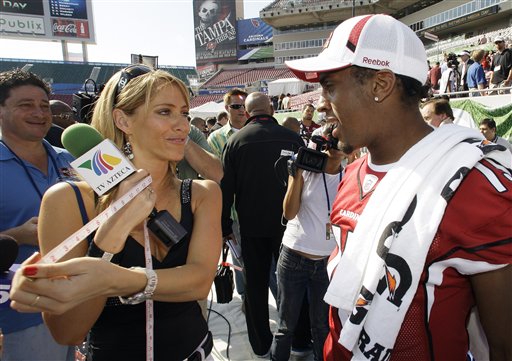 FILE - This Jan. 27, 2009,  file photo shows TV Azteca reporter Ines Sainz, left,  after measuring the bicep of Arizona Cardinals wide receiver Steve Breaston, right,  during the team's media day for Super Bowl XLIII, in Tampa, Fla. Sainz says on her Twitter account she felt "very uncomfortable!" at a Jets practice Saturday where a coach appeared to throw footballs in her direction and players called out to her in the locker room. (AP Photo/Ross D. Franklin, File) (AP)