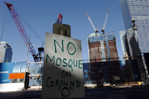 A sign opposing a proposed Islamic community center near ground zero is seen in New York, Saturday, Sept. 11, 2010. (AP Photo/Matt Rourke) (AP)