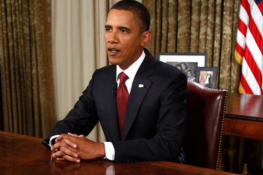 Barack Obama addressing the nation about the end of the U.S. combat mission in Iraq