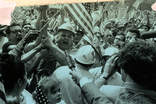 Detail of the "hard-hat riots" from the cover of "Stayin' Alive."