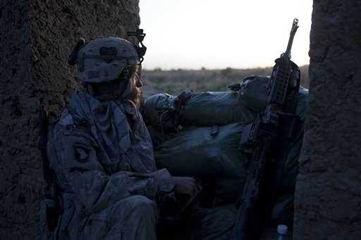 In this photo taken on Saturday, Oct.9, 2010, a US Army soldier from Scout Platoon 502 Infantry Regiment, 101st Airborne Division, keeps watch at an outpost in Zhari district, Kandahar province, Afghanistan.  The Scouts' mission was to support roadside bomb clearance efforts in the militant stronghold, the latest days-long phase of Operation Dragon Strike. (AP Photo/Rodrigo Abd) (AP)