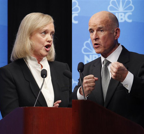 Republican Meg Whitman debates against Democrat Jerry Brown at Dominican University of California in San Rafael, Calif., Tuesday, Oct. 12, 2010 for their third and final debate. Brown is California Attorney General. Whitman is former CEO of eBay. (AP Photo/Rich Pedroncelli, pool) (Rich Pedroncelli)