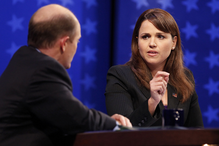 Republican candidate Christine O'Donnell responds to Democratic candidate Chris Coons during a televised Delaware Senate debate at the University of Delaware in Newark, Del., Wednesday, Oct. 13, 2010. (AP Photo/Jacquelyn Martin, Pool) (Jacquelyn Martin)