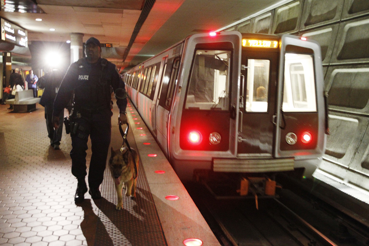 Washington Metro Transit police officer Eric Croom and his dog Kota inspect the Gallery Place-Chinatown Metro Station in Washington, March 29, 2010. Washington Metro conducted random security sweeps on Monday as part of heightened security associated with Monday's metro bomb explosions in Moscow.   REUTERS/Jason Reed   (UNITED STATES - Tags: MILITARY TRANSPORT) (Â© Jason Reed / Reuters)