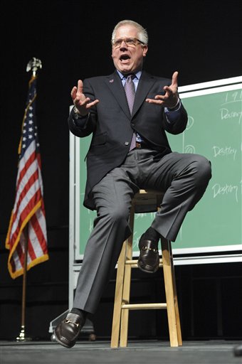 Political commentator Glenn Beck appears on stage in Anchorage, Alaska on Saturday, Sept. 11, 2010.  The event featuring the former Alaska Gov. Sarah Palin and the conservative commentator Saturday night brought out two very different crowds. (AP Photo/Michael Dinneen) (AP)