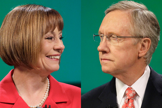 Republican Senate candidate Sharron Angle, left, and Senate Majority Leader Harry Reid during a televised Nevada Senate debate Thursday, Oct. 14, 2010, in Las Vegas.