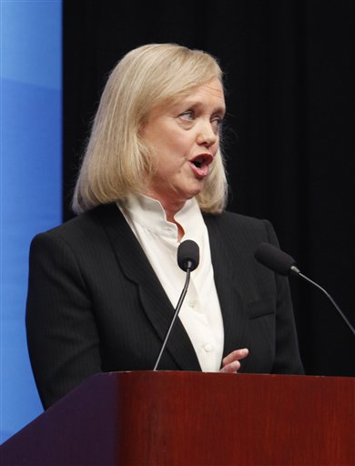 Republican Meg Whitman debates against Democrat Jerry Brown at Dominican University of California in San Rafael, Calif., Tuesday, Oct. 12, 2010 for their third and final debate. Brown is California Attorney General. Whitman is former CEO of eBay. (AP Photo/Rich Pedroncelli, pool) (AP)