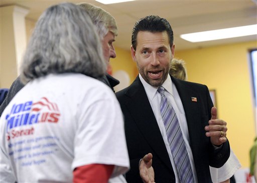 FILE - In this Oct. 21, 2010 file photo, Alaska Republican Senate candidate Joe Miller, right, meets supporters at his Anchorage, Alaska campaign headquarters. For Alaskan voters, this year's Senate election is venturing into unexplored territory. The three-way contest features a rematch of the bitter Republican primary, a rising Democrat who is moving from spoiler to contender, and even a voice from the grave. With millions of dollars flowing into the state to help fuel nonstop TV and radio ads, the scope of outside interest in the election is virtually unprecedented.  (AP Photo/Michael Dinneen, File) (AP)
