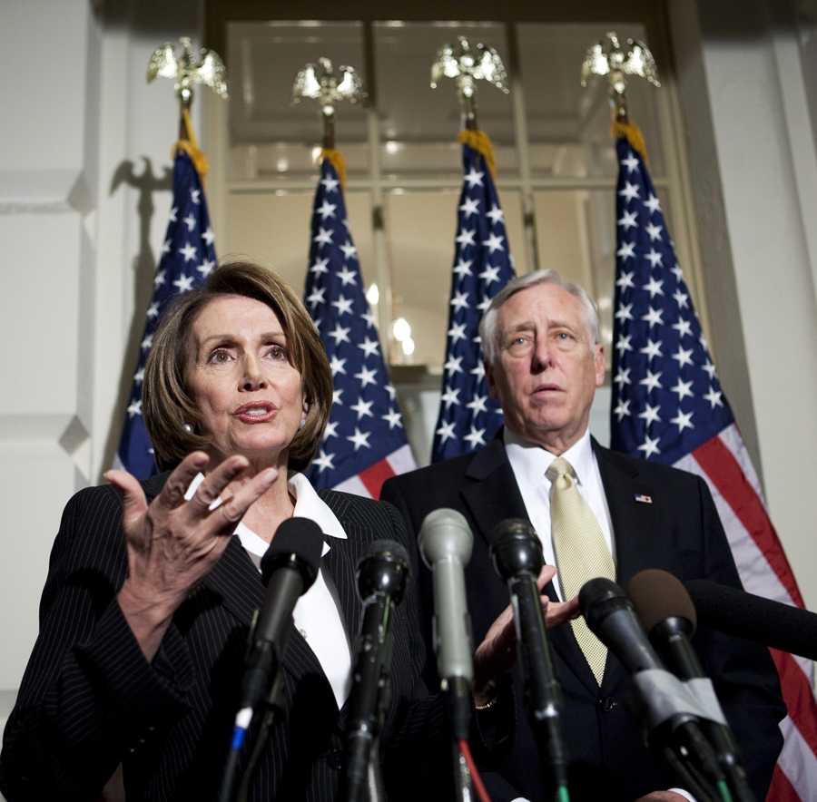 Speaker of the House Nancy Pelosi and House Majority Leader Rep. Steny Hoyer (D-MD) speak about the stimulus package in Washington, DC, February 11, 2009. U.S. lawmakers reached a compromise deal on Wednesday on a $789 billion package of tax cuts and spending to rescue the ailing economy and votes could begin as early as Thursday.  REUTERS/Joshua Roberts (UNITED STATES) (Â© Joshua Roberts / Reuters)