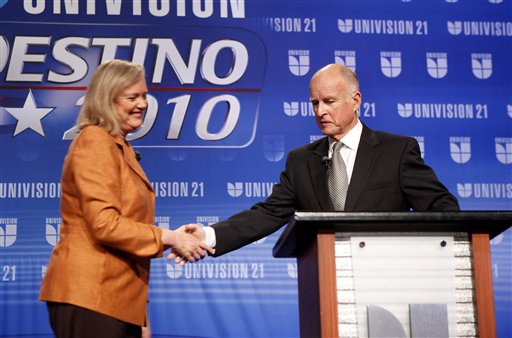 Republican gubernatorial candidate Meg Whitman, left, shakes hands with her Democratic opponent, Jerry Brown, before the start of their second debate held at California State University, Fresno in Fresno, Calif., Saturday, Oct. 2, 2010. (AP Photo/Rich Pedroncelli) (AP)
