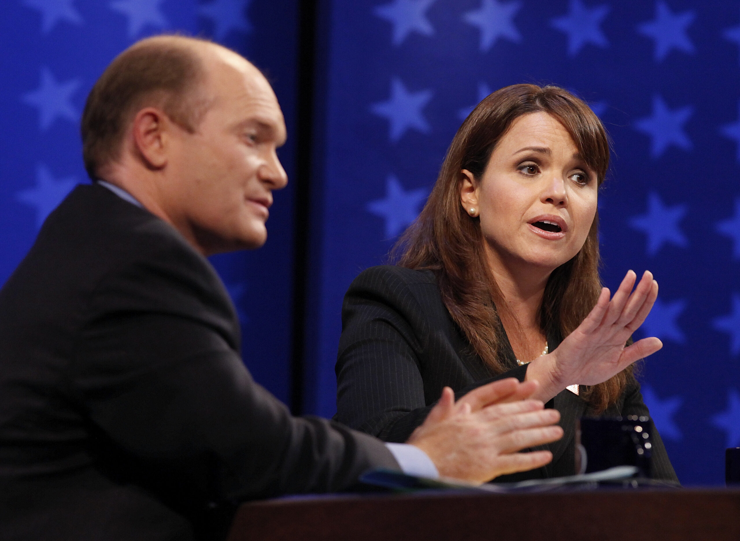Democratic candidate Chris Coons and Republican candidate Christine O'Donnell, right, respond to a question during a televised Delaware Senate debate at the University of Delaware in Newark, Del., Wednesday, Oct. 13, 2010. (AP Photo/Jacquelyn Martin, Pool) (AP)