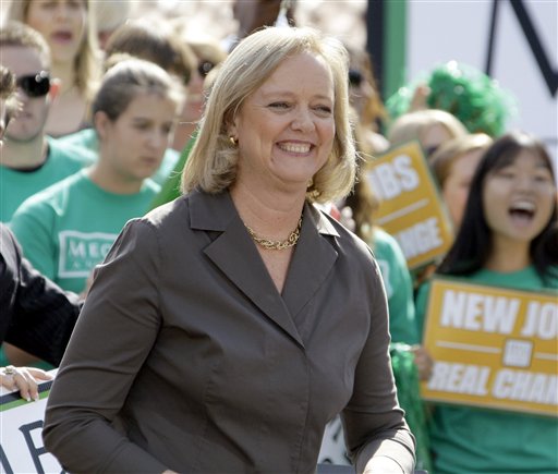 FILE - This Oct. 25, 2010 file photo shows California Republican gubernatorial candidate Meg Whitman at a campaign stop in Thousand Oaks, Calif. Whitman, conducting the most expensive campaign for governor in U.S. history _ nearly $172 million and counting _ is inundating California voters with an unprecedented array of TV and radio ads, glossy magazines, smartphone messages, Facebook videos, postcards and phone calls that will test how far a Republican dollar can go in a state Democrats call their own. (AP Photo/Reed Saxon, File) (AP)