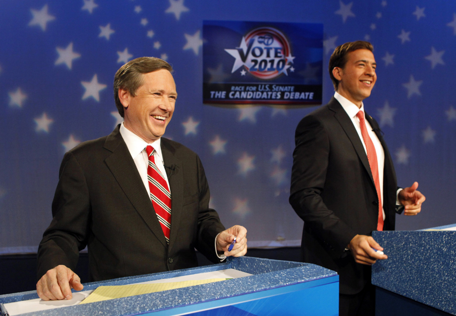 Illinois U.S. Senate candidates Republican Mark Kirk, left, and Democrat Alexi Giannoulias share a laugh before a televised Illinois Senate debate on Tuesday, Oct. 19, 2010 in Chicago. (AP Photo/Charles Rex Arbogast) (Charles Rex Arbogast)