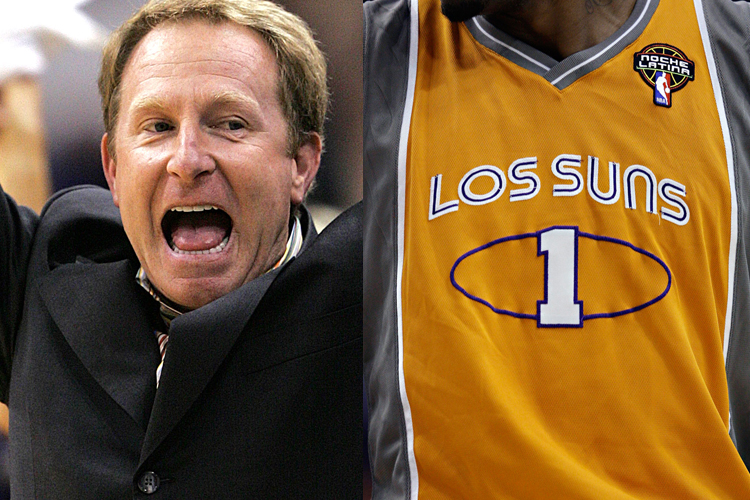 Phoenix Suns owner Robert Sarver, left, and Amare Stoudemire's "Los Suns" jersey during an NBA playoff game on May 5.