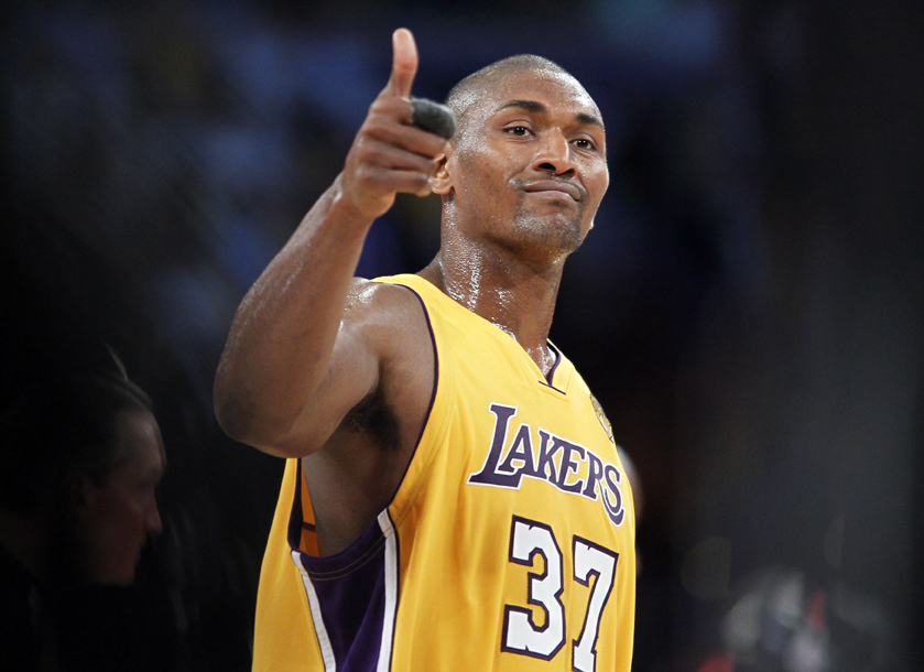 Los Angeles Lakers Ron Artest gives the thumbs up after the Lakers defeated the Boston Celtics in Game 1 of the 2010 NBA Finals basketball series in Los Angeles, California  June 3, 2010 . The Lakers won the game 102-89 to lead the series 1-0.    REUTERS/Mike Blake (UNITED STATES - Tags: SPORT BASKETBALL) (Â© Mike Blake / Reuters)