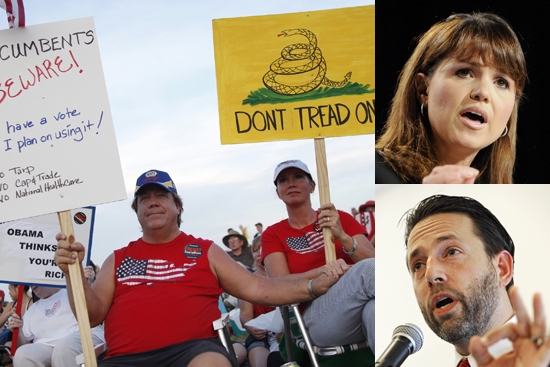 A couple holds protest signs at America's Tea Party held at Southfork Ranch in Parker, Texas July 4, 2009. Organizers say the event is an effort to work against further government expansion, bailouts and irresponsible elected officials. REUTERS/Jessica Rinaldi (UNITED STATES) (Â© Jessica Rinaldi / Reuters)