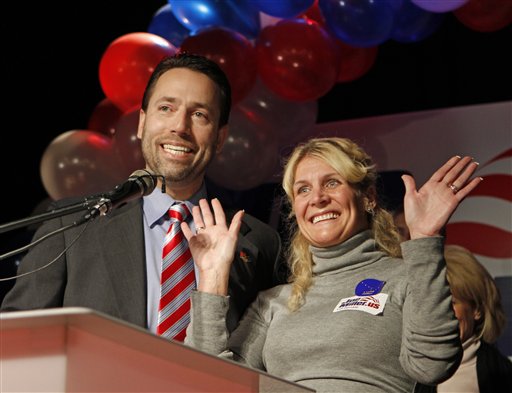 Republican candidate for United States Senate Joe Miller and his wife Kathleen greet supporters Tuesday, Nov. 2, 2010, in Anchorage, Alaska. (AP Photo/Ben Margot) (AP)