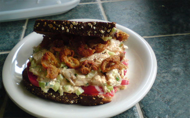 Chicken salad is good, but chicken salad topped with fried chicken skins is the bomb