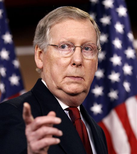 FILE - In this Nov. 3, 2010, file photo Senate Minority Leader Mitch McConnell of Ky., right, takes a question about the elections during a news conference on Capitol Hill in Washington. McConnell said the party's prime mission should be to deny Obama a second term _ the only way, he said, the GOP can really accomplish its goals of undoing the health care law, cutting spending and shrinking government. (AP Photo/Alex Brandon, File) (AP)