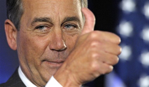 House Republican leader John Boehner of Ohio celebrates the GOP's victory that changes the balance of power in Congress and will likely elevate him to speaker of the House, during an election night gathering hosted by the National Republican Congressional Committee at the Grand Hyatt hotel in Washington, Tuesday, Nov. 2, 2010.  (AP Photo/Cliff Owen) (AP)