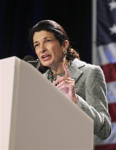 FILE- In this May 7, 2010 file photo, Sen. Olympia Snowe, R-Maine, speaks in Portland, Maine.  The government is expected to announce this week that more than 58 million Social Security recipients will go through another year without an increase in their monthly benefits. Snowe was the only Republican to support a second Social Security bonus payment, like the one-time $250 in 2009, when it became clear that seniors wouldn't get an increase in monthly benefit payments in 2010; the bill died from lack of support.   (AP Photo/Joel Page, File) (AP)