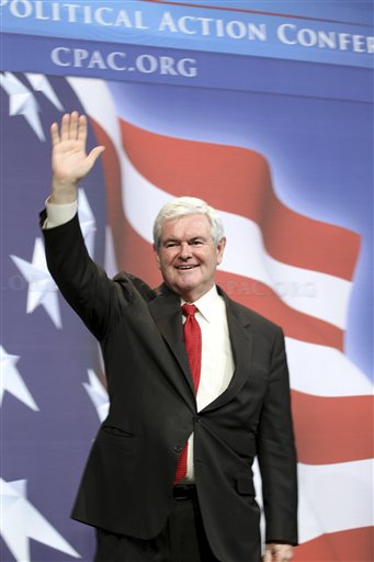 FILE - In this Feb. 20, 2010, file photo, former House Speaker Newt Gingrich waves to his supporters after addressing the Conservative Political Action Conference (CPAC)  in Washington. Gingrich may be running for the Republican presidential nomination. Or maybe he is just running all the way to the bank.  (AP Photo/Jose Luis Magana, File) (AP)