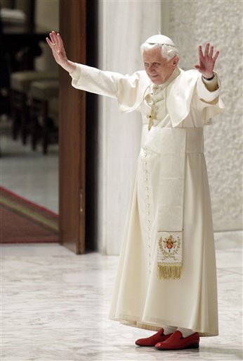 Pope Benedict XVI acknowledges the faithful at the end of an audience with the newly-appointed cardinals and their relatives, in Hall Paul VI at the Vatican, Monday, Nov. 22, 2010. On Saturday the pope created 24 new cardinals. (AP Photo/Andrew Medichini) (AP)
