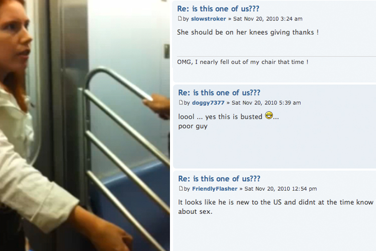 A still from a video of a woman confronting a man who flashed her on the subway