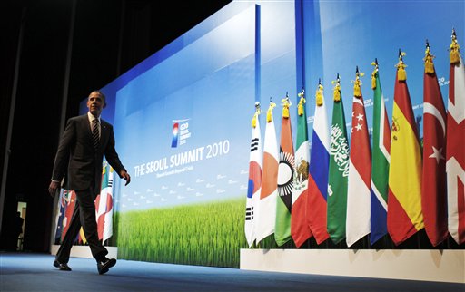 President Barack Obama leaves the stage after a news conference at the G-20 summit in Seoul, South Korea, Friday, Nov. 12, 2010. (AP Photo/Charles Dharapak) (AP)