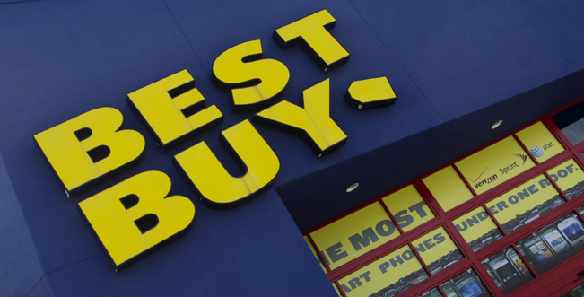 The Best Buy logo is displayed on a store in Miami, Fla. Best Buy says fiscal second-quarter net income rose 60 percent as shoppers bought cell phones, appliances and tablet computers. (AP Photo/J Pat Carter) (J Pat Carter)