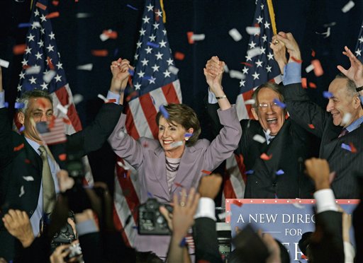 FILE - In this Nov. 7, 2006, file photo, Rep. Nancy Pelosi, D-Calif., center, celebrates with fellow Democrats at an election-night rally in Washington. At left, chairman of the House Democratic Congressional Campaign Committee Rep. Rahm Emanuel, D-Ill., and from right, chairman of the Democratic Senatorial Campaign Committee Sen. Charles Schumer, D-N.Y., and Senate Democratic Leader Sen. Harry Reid, D-Nev. Pelosi promised four years ago that Democrats would lead "the most honest, most open, most ethical Congress in history." As her party defends its record with its majority in jeopardy, it's clear she's fallen short. (AP Photo/J. Scott Applewhite, File) (AP)
