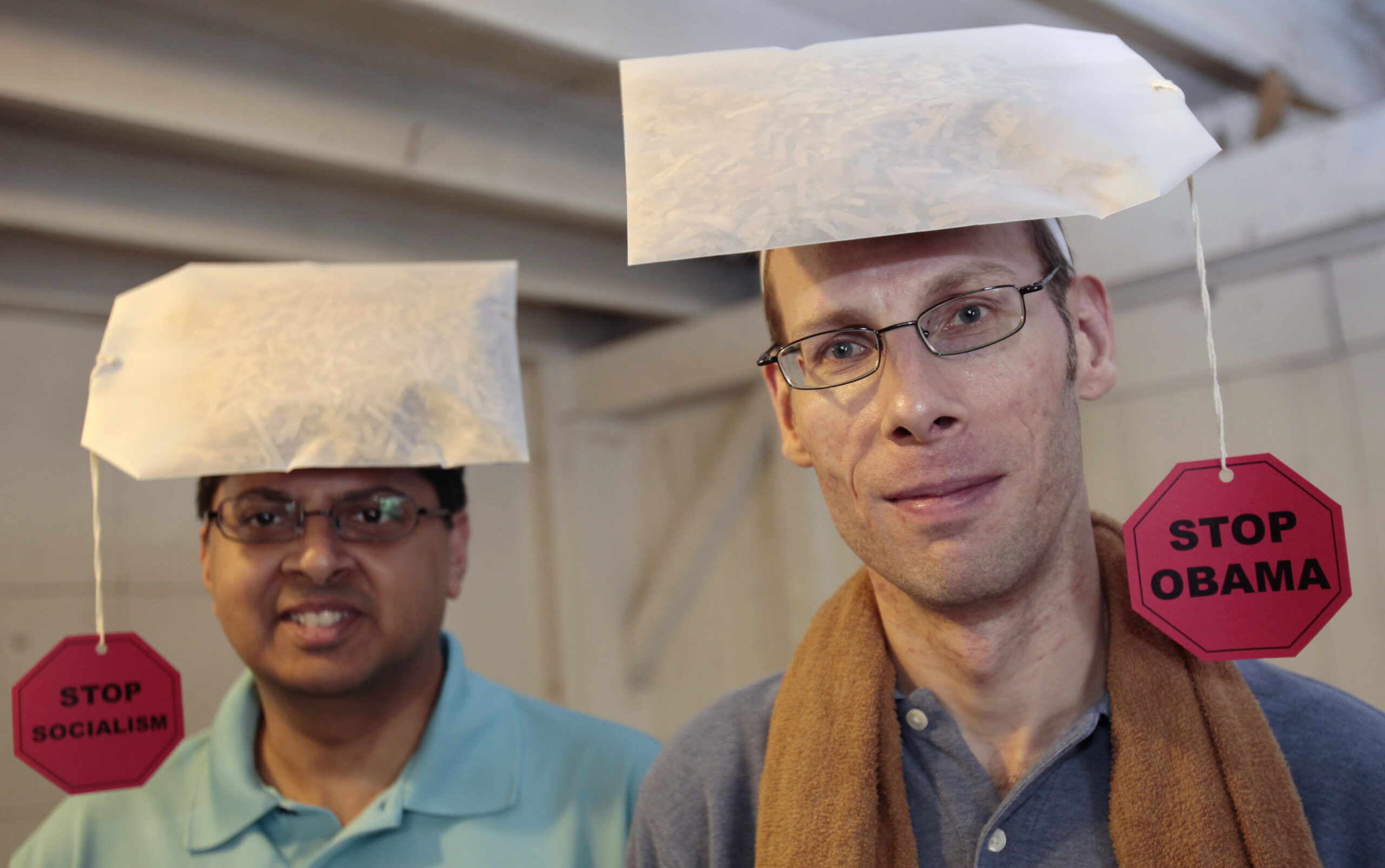 Gary (R) and Samuel (L) wear 'Stop Obama, Stop Socialism'  tea bag hats they are selling at a Tea Party Political Fair in Charlotte, Michigan July 24, 2010. The midterms are still two months away, but already a lot of Tea Partiers are looking beyond the elections and working out where to go from here. Picture taken Photo taken July 24, 2010. To match SPECIAL REPORT USA-ELECTIONS/TEAPARTY     REUTERS/Rebecca Cook (UNITED STATES - Tags: POLITICS) (Reuters)