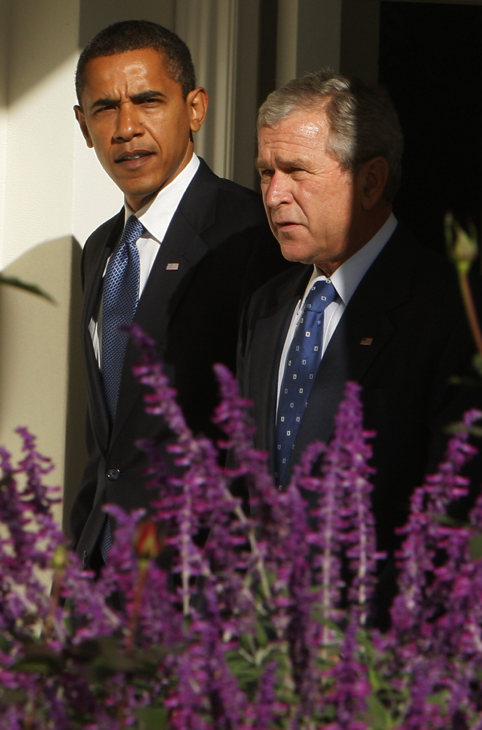 President Bush and President-elect Obama walk along the West Wing Colonnade of the White House in Washington, Monday, Nov. 10, 2008 prior to their meeting in the Oval Office. (AP Photo/Charles Dharapak) (Associated Press)
