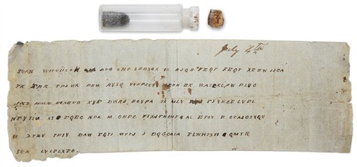 In this Jan. 14, 2009 image shows a Civil War bottle with a message that was tucked inside at the Museum of the Confederacy in Richmond, Va. The message to Lt. Gen. John C. Pemberton says reinforcements will not be arriving. The encrypted dispatch was dated July 4, 1863 _ the date of Pemberton's surrender to Union forces led by Ulysses S. Grant in what historians say was a turning point in the war. (AP Photo/Museum of the Confederacy) (AP)