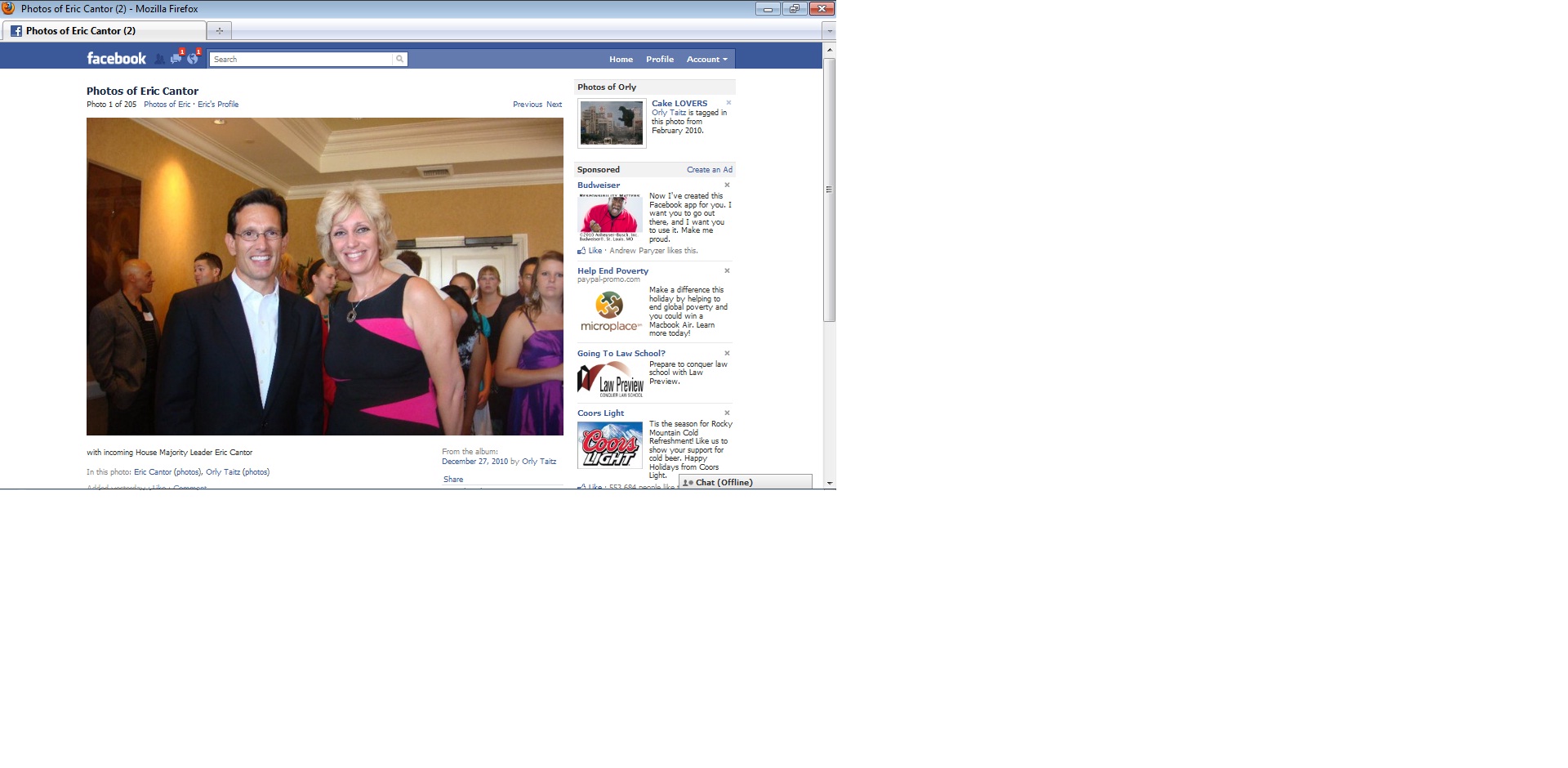 Incoming House Majority Leader Eric Cantor poses for a picture with Orly Taitz in an image uploaded to Taitz's Facebook page