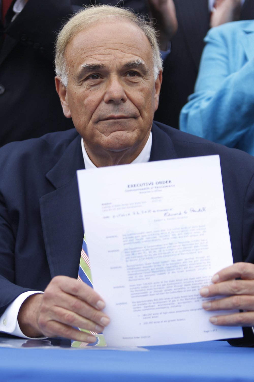 Gov. Ed Rendell displays a signed executive order at Penn Treaty Park in Philadelphia, Tuesday, Oct. 26, 2010. The order is to prevent any further leasing of state forest land for Marcellus Shale drilling. (AP Photo/Matt Rourke) (Matt Rourke)