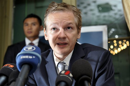 FILE - In this Nov. 4, 2010 file photo, Wikileaks founder Julian Assange speaks during a news conference at the Geneva press club, in Geneva, Switzerland. Assange is a former computer hacker who has embarrassed the U.S. government and foreign leaders with his online release of a huge trove of secret American diplomatic cables.  (AP Photo/Keystone, Martial Trezzini, File) (AP)