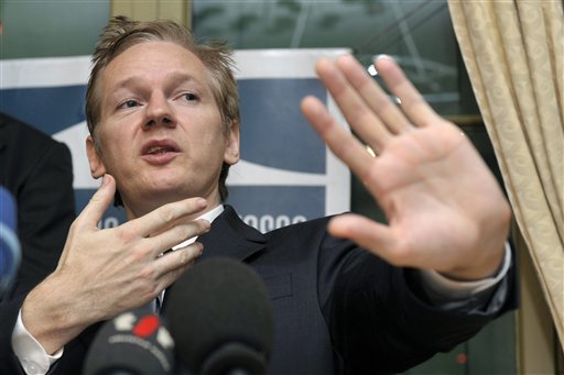 FILE - This is a Thursday, Nov. 4, 2010 file photo of  Wikileaks founder Julian Assange gestures as he speaks about the United States and the human rights during a press conference at the Geneva press club in Geneva, Switzerland. Police say WikiLeaks founder Julian Assange has been arrested on Swedish warrant on Tuesday Dec. 7, 2010. (AP Photo/Keystone, Martial Trezzini, File) (AP)