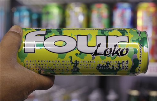 A can of Four Loko is displayed at a liquor store in Palo Alto, Calif., Monday, Oct. 18, 2010. After students at northern New Jersey's Ramapo College were hospitalized because of the effects of Four Loko _ which contains caffeine, other common energy-drink ingredients, and as much alcohol as four beers _ the college president ordered last month that it and similar drinks be banned. He's encouraging other colleges and the state to follow suit. (AP Photo/Paul Sakuma) (AP)
