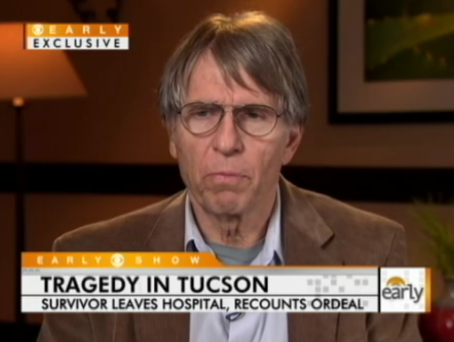 "He cut a tennis game short Saturday so he could hear her speak, only to be shot in the leg and hit in the back with bullet fragments. He drove himself to the hospital and was released Monday." (<a href="http://www.cbsnews.com/stories/2011/01/11/earlyshow/main7234346.shtml">via</a>)