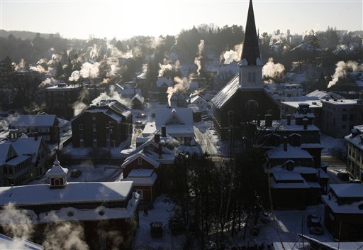 Steam rises from chimneys on Monday, Jan. 24, 2011 in Montpelier, Vt. Bone-chilling cold has prompted schools around the Northeast to delay openings and some canceled classes altogether on Monday. (AP Photo/Toby Talbot) (AP)