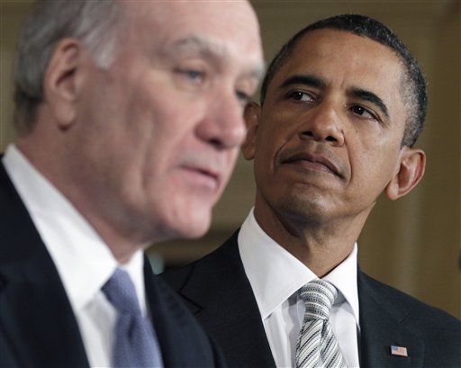 President Barack Obama listens as his new White House Chief of Staff William Daley makes a statement in the East Room of the White House, Thursday, Jan. 6, 2011 in Washington. (AP Photo/Carolyn Kaster) (AP)