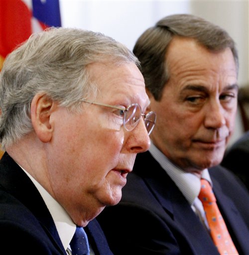 Senate Minority Leader Mitch McConnell of Ky., accompanied by House Minority Leader John Boehner of Ohio speaks during a news conference on Capitol Hill in Washington,  Tuesday, Nov. 30, 2010, after their meeting with President Barack Obama. (AP Photo/Harry Hamburg) (AP)