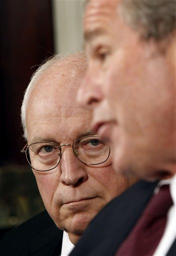FILE - In this Sept. 15, 2008 file photo, Vice President Dick Cheney, left, looks over to President George W. Bush, after the president  received an update on Hurricane Ike and relief efforts on energy matters from members of the Cabinet, in the Roosevelt Room of the White House in Washington. George W. Bush knows that history will shape his legacy more than anything he can say. But that's not gonna stop a guy from trying. After two years of near silence, Bush is back. With his new memoir and a promotion tour, the president who in cockier times could not think of a single mistake he had made, lists many.  (AP Photo/Pablo Martinez Monsivais, File) (AP)